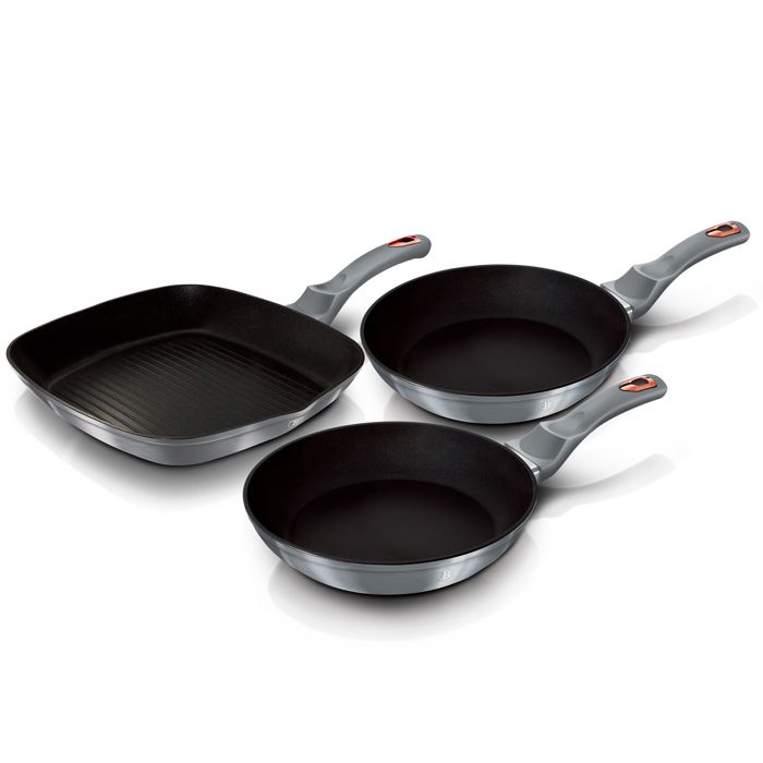 Set De 2 Poêles À Frire 1 Grill Induction 20-24-28cm Aluminium, Antiadhésif Berlinger Haus Moonlight Gris 16040