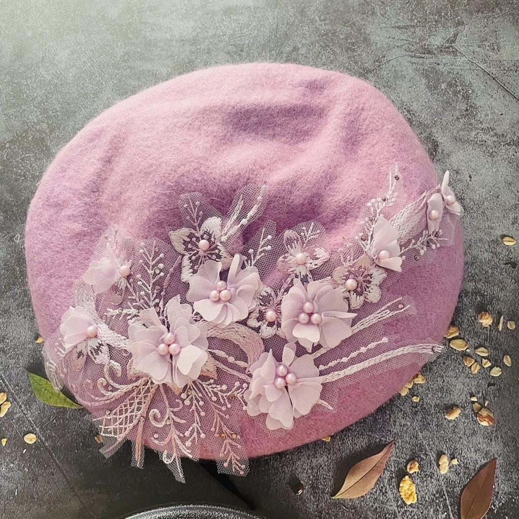 Fashion Hat Purple Pearl Embroidered Floral Wool Beret Pumpkin Hat for Women