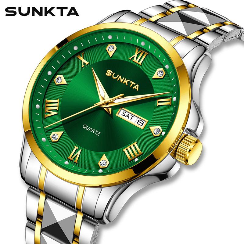 SUNKTA Damen-Quarz-Armbanduhr Elegant Mode Wasserdicht Leuchtende Uhr Für Damen Kreatives Grünes Diamant-Zifferblatt Damenuhren