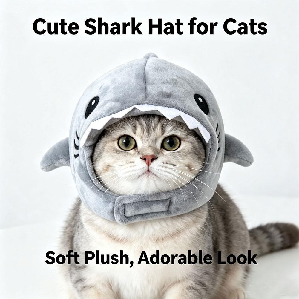 Funny Adjustable Cat Shark Headdress Warm Soft Cat Decorative Hat Cute Cartoon Cat Warm Hat Cosplay Party Pet Head Cover