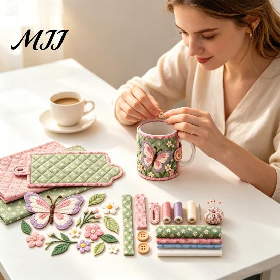 Creative Quilt Supplies for Teens Quilted Mug Cozy DIY Kit, Hummingbird Butterfly Flower Garden Sleeve Fabric Crafting Projects Sewing Craft