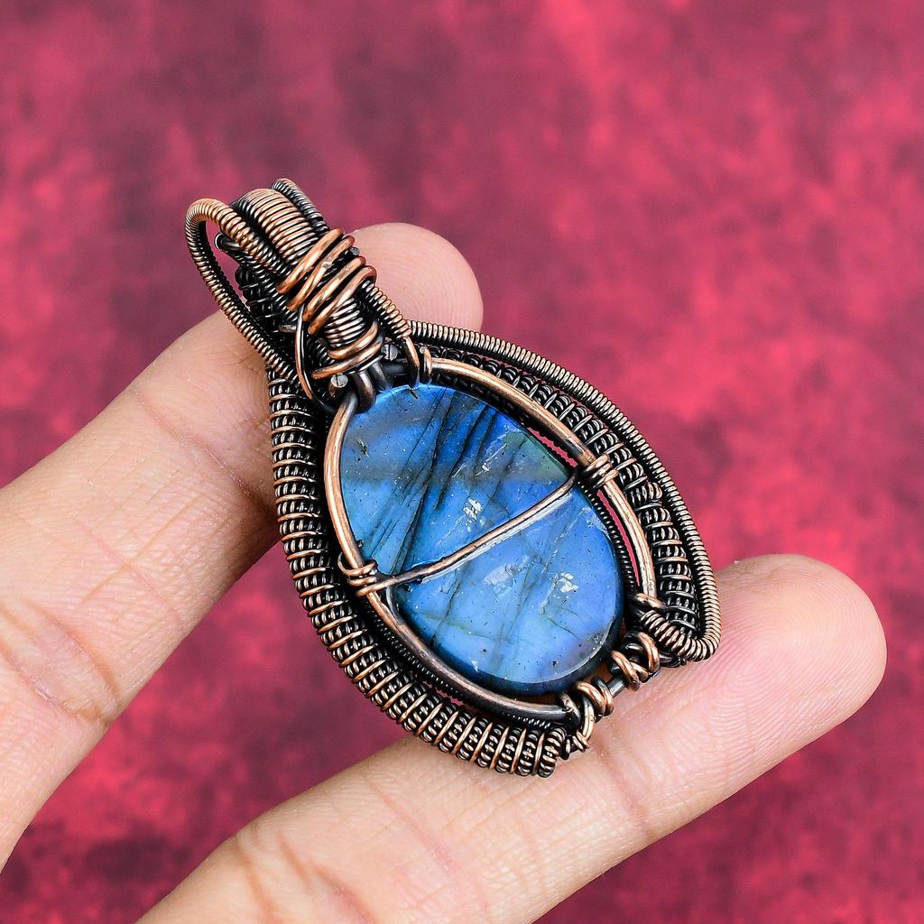 Labradorite Pendant Copper Wire Wrapped Pendant Natural Gemstone Pendant Copper Wire Jewelry Gifts for Mother Handmade Unique Style Pendant