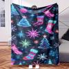 Colorful Christmas Socks And Snowflakes On Dark Blue Background - Themed Blanket - Comfortable Flannel Fabric Digital Printing Hyp