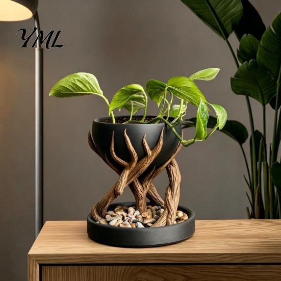 Small Miscellaneous Storage Box 3D Printed Tree Root Planter, Bionic Wood Textured Flower Pot with Indoor Plant Container Drainage Hole, Succulent
