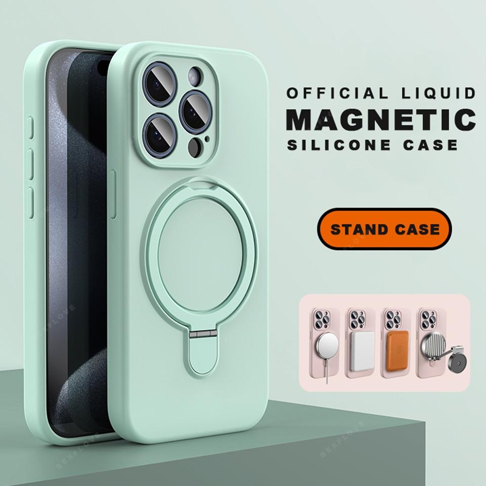 Magnetic Ring Holder Liduid Silicone Stand Phone Case For iPhone 15 14 16 Plus 11 12 13 16 Pro Max Magsafe Protector Soft Cover