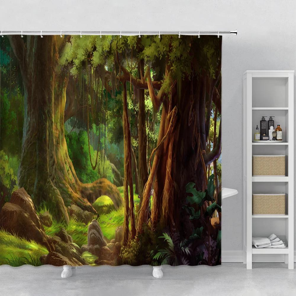 Forest Landscape Shower Curtain Sunshine Waterfall Green Bamboo Mist Jungle Autumn Scenery Bathroom Curtains Bathtub Decor Hooks