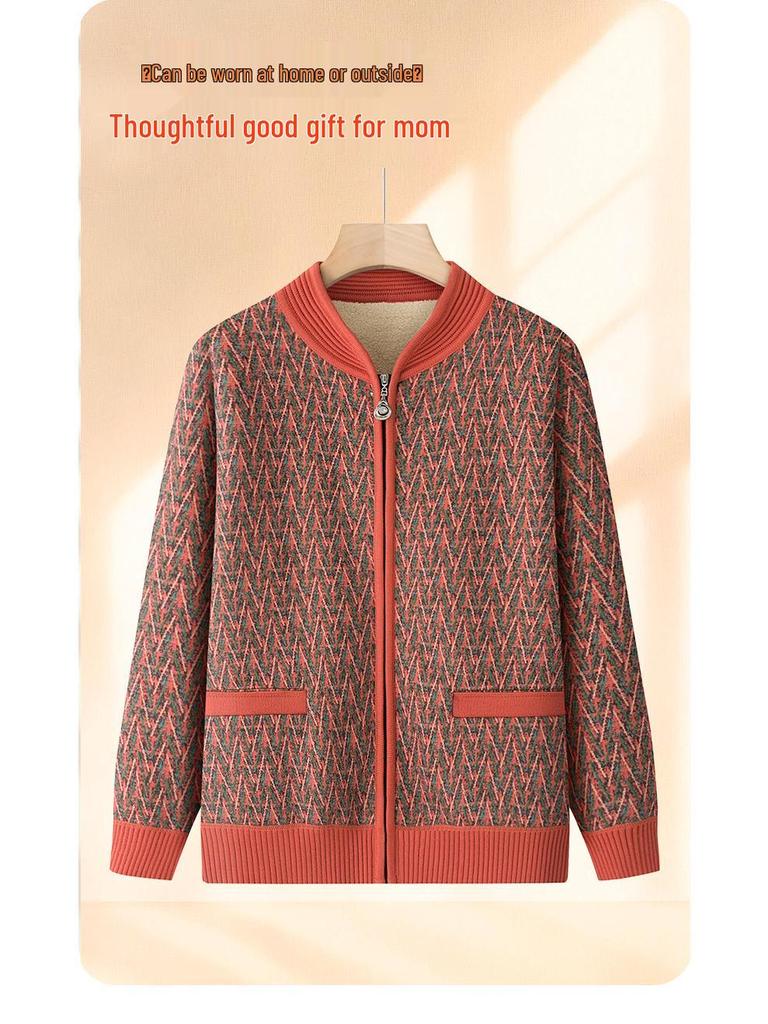 Fleece-lined Wool Cardigan for Women, Ideal for Middle-aged and Elderly Ladies, Thick Warm Sweater for Autumn/Winter, Perfect for Ages 60+.