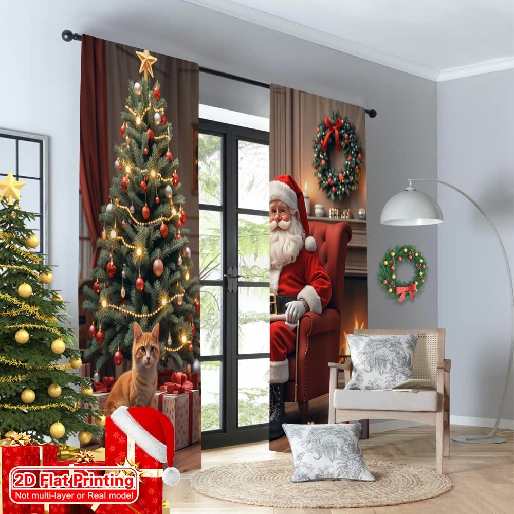 2pcs 2D Flat Printing Christmas Party Curtain Christmas Santa Fireplace Cat 100% Polyester Without Electricity 0 for