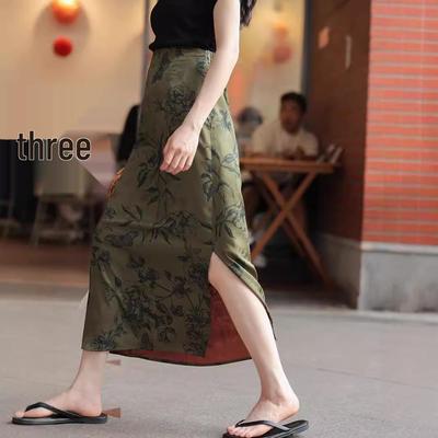 New Women's Summer High Waist Chinese Style Half-Length Slit Skirt
