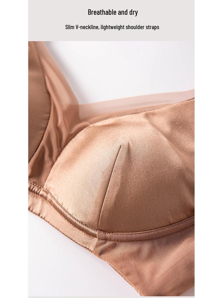 2025 New 19 Momme Silk Deep V Wire-Free Push-Up Bra with Mesh Patchwork