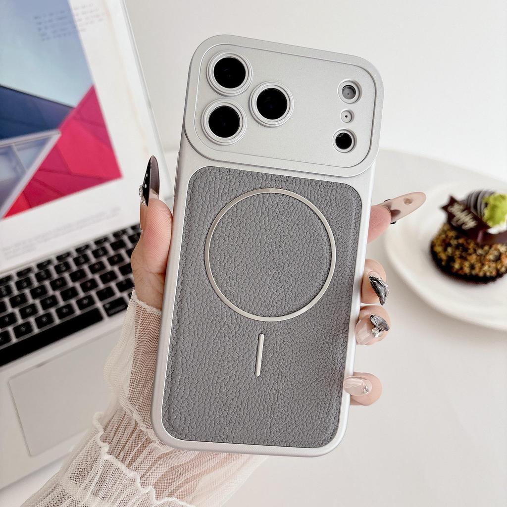 Lychee Pattern Magnetic Case for Apple 17 Pro Max: Slim Ring Design with Anti-Slip Edge, Compatible with Models 16/15