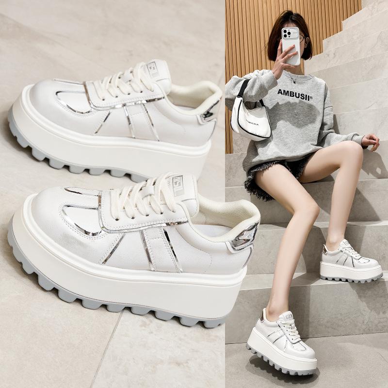 2025 Spring White Shoes New Soft Leather Casual Thick Sole Heightening Fashion Sports Comfortable Versatile Fashion Ins Tide