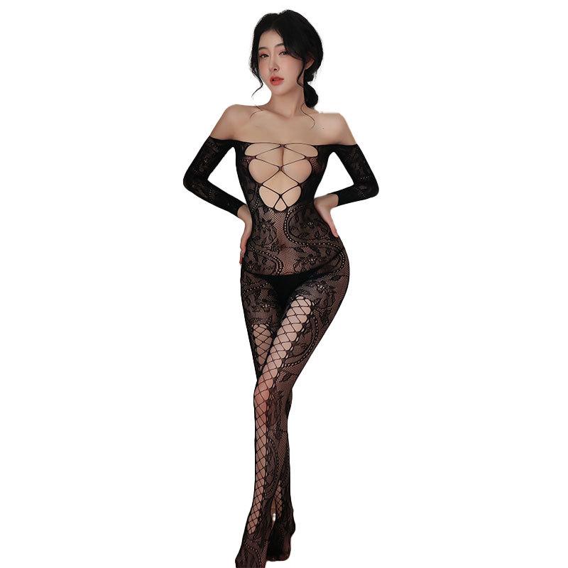 Long Night Temptation Lingerie Set: Sexy Open Crotch Bodysuit with Transparent Stockings