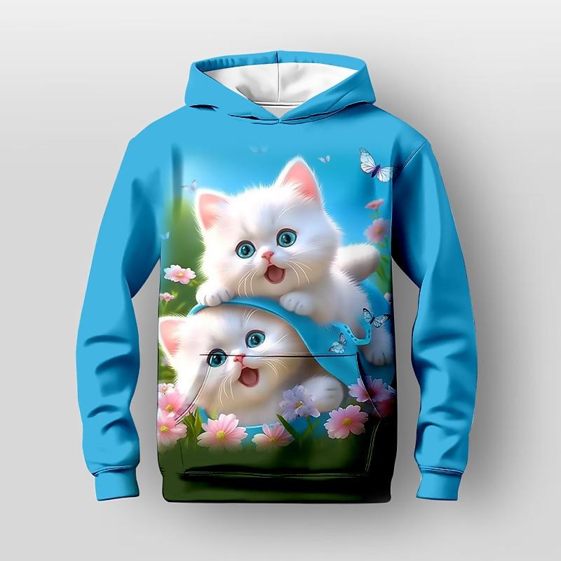 Girls' 3D Floral Cartoon Cat Hoodie Long Sleeve 3D Print Fall Winter Active Fashion Cute Kids 3-12 Years Outdoor Casual Daily Regular Fit