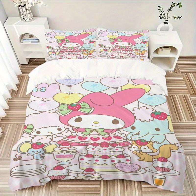 3pcs Happy Birthday My Melody Quilt Set - Soft and Comfortable Bedroom, Guest Room and Dorm Decor Bedding Set 1 Quilt Cover + 2 Pillowcases.W041