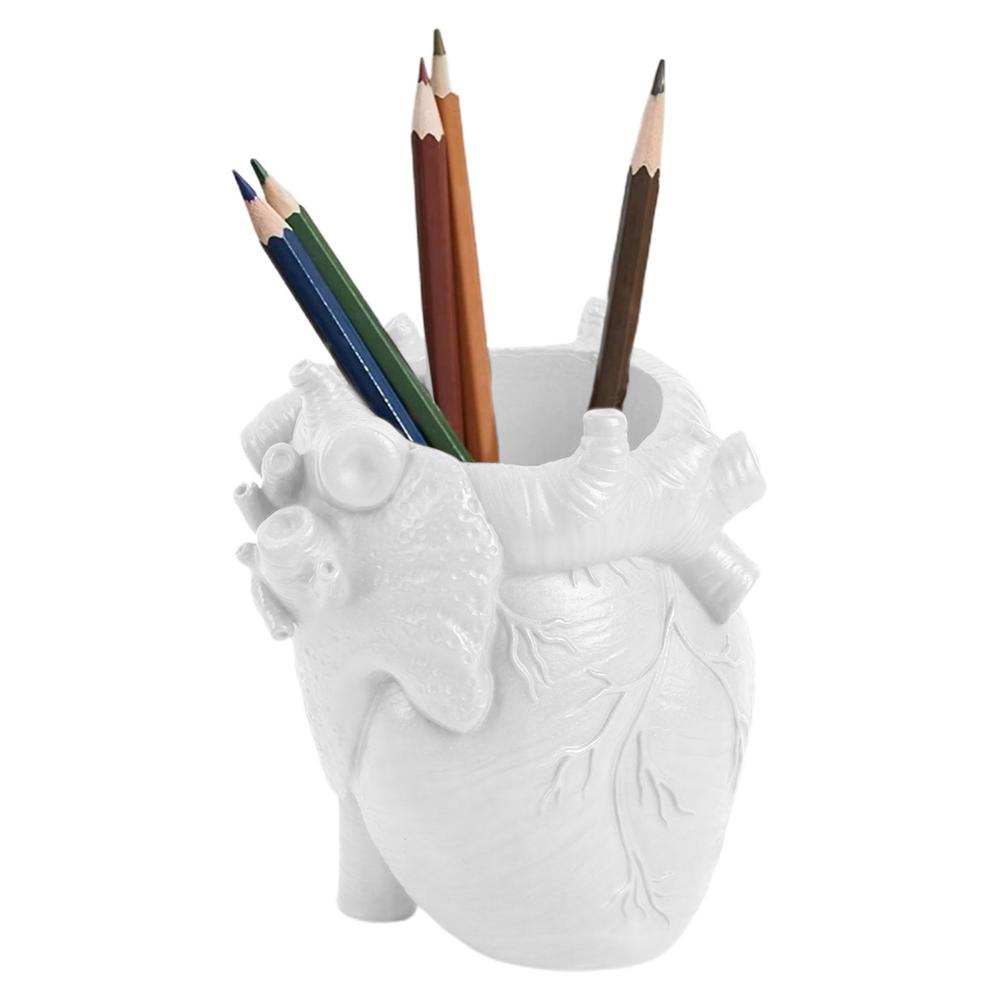 Creative Heart Shaped Resin Pen Holder Desktop Organizer Office Study Bookshelf Decor Art Supply Storage Accessory