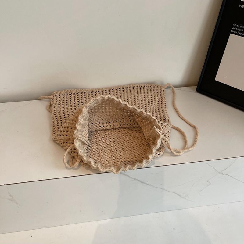 Yogodlns Fashion Solid Color Floral Decor Crochet Shoulder Bag Woven Women Beach Holiday Bucket Hollow Out Large Capacity  Backpack