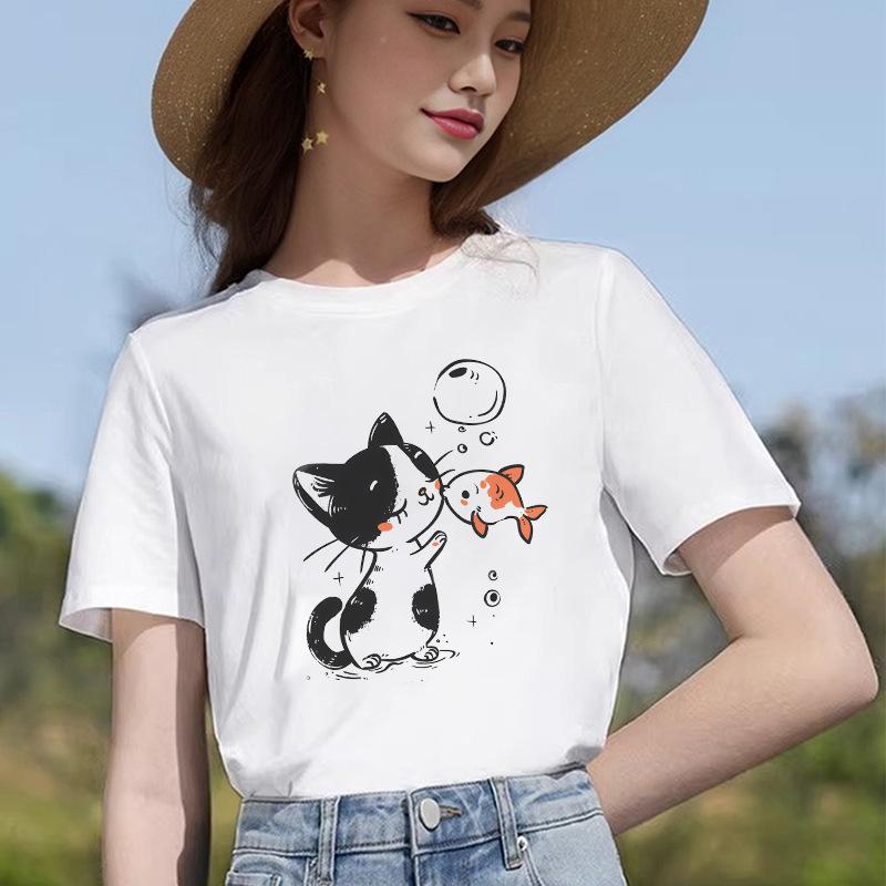

Новая летняя футболка с принтом кошачьего узора, универсальная, с круглым вырезом, с короткими рукавами, обычного стиля, удобная XXXXL белый