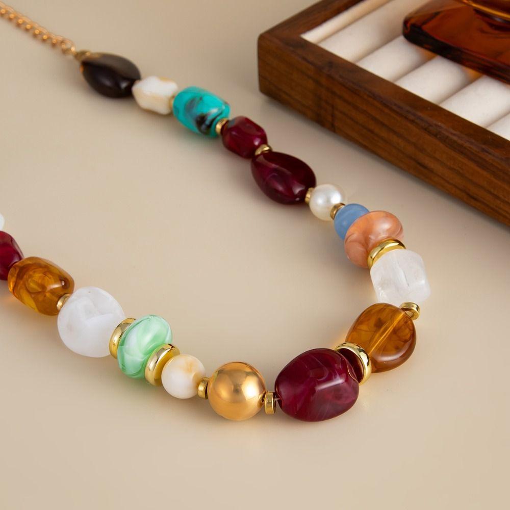 Stone Beads Short Choker Vintage Clavicle Chain Retro Colorful Resin Necklace  Women