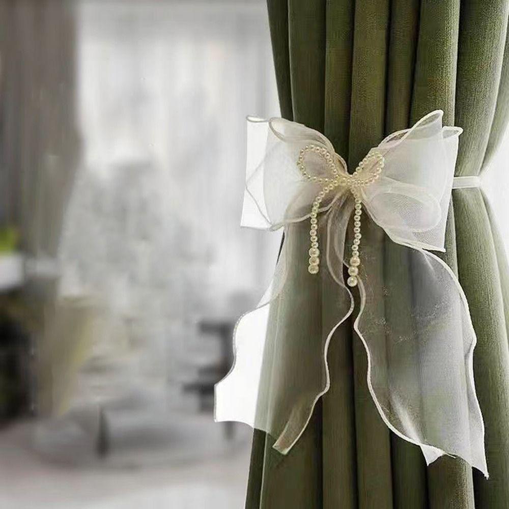 Pearl Bow Design Pearl Bow Curtains Straps Easy To Use Curtains Binding Rope  Home Decor