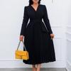 D419 Women's V-Neck Long-Sleeve Tie-Up Solid Color Slim Pleated Plus-Size Dress