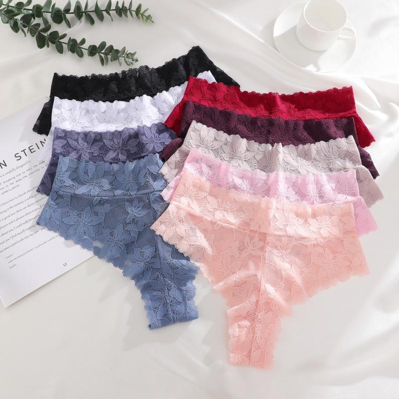 3Pcs/Set Women's High Waist Panties Ladies Sexy Lace Hollow Out Thong Breathable Transparent G-strings Solid Color Soft Lingerie