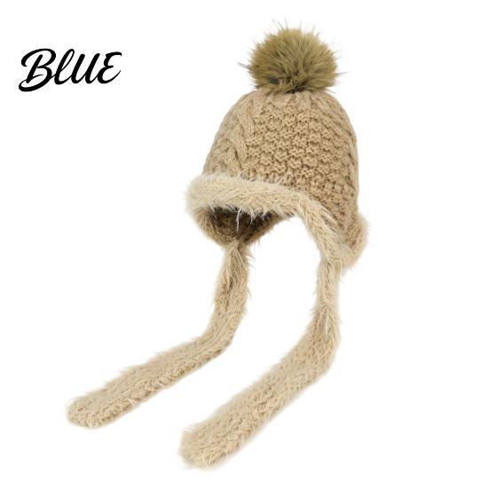 Cozy Autumn Winter Hat Women Knitted Earflap Hat Fuzzy Trim Pompom Soft Warm Stylish Travel Cap Knit for Outdoor Cycling Cold Weather Daily