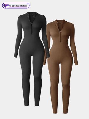 European-Style One-Piece Sport Jumpsuit for Women with Zipper, Stand Collar, Long Sleeves, Thumb Holes, Hip Lifting, and Tummy Control