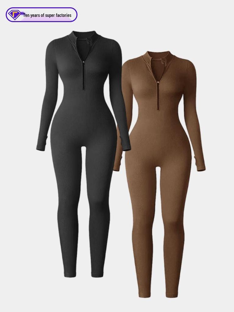 European-Style One-Piece Sport Jumpsuit for Women with Zipper, Stand Collar, Long Sleeves, Thumb Holes, Hip Lifting, and Tummy Control
