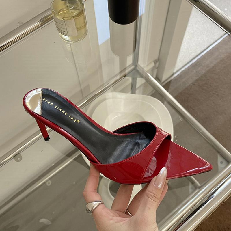 Fashion SUOJIALUN 2025 Summer New Brand Women Slides Fashion Pointed Toe Slip On Ladies Sexy Slipper Thin High Heel Dress Pumps Sandal