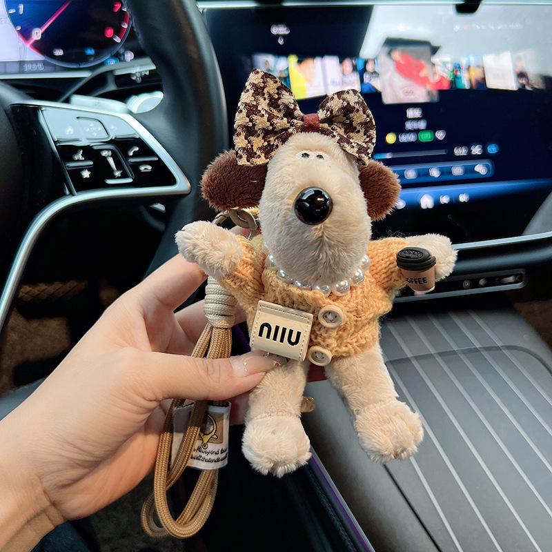 Plush Cartoon Chef Dog Keychain with Bow Tie – Cute Knitted Sweater Design Doll for Bags and Cars