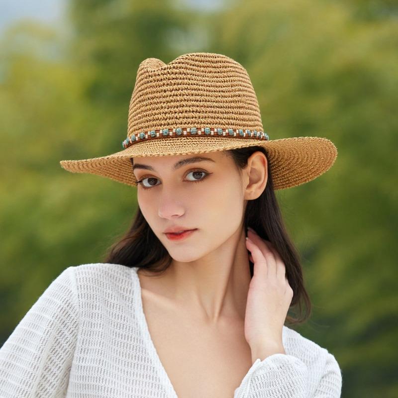 Big Eave Hat Cowboy Hat Female Versatile Sunshade Papyrus Western Cowboy Hat Summer Sun Protection Beach Fisherman Straw Hat