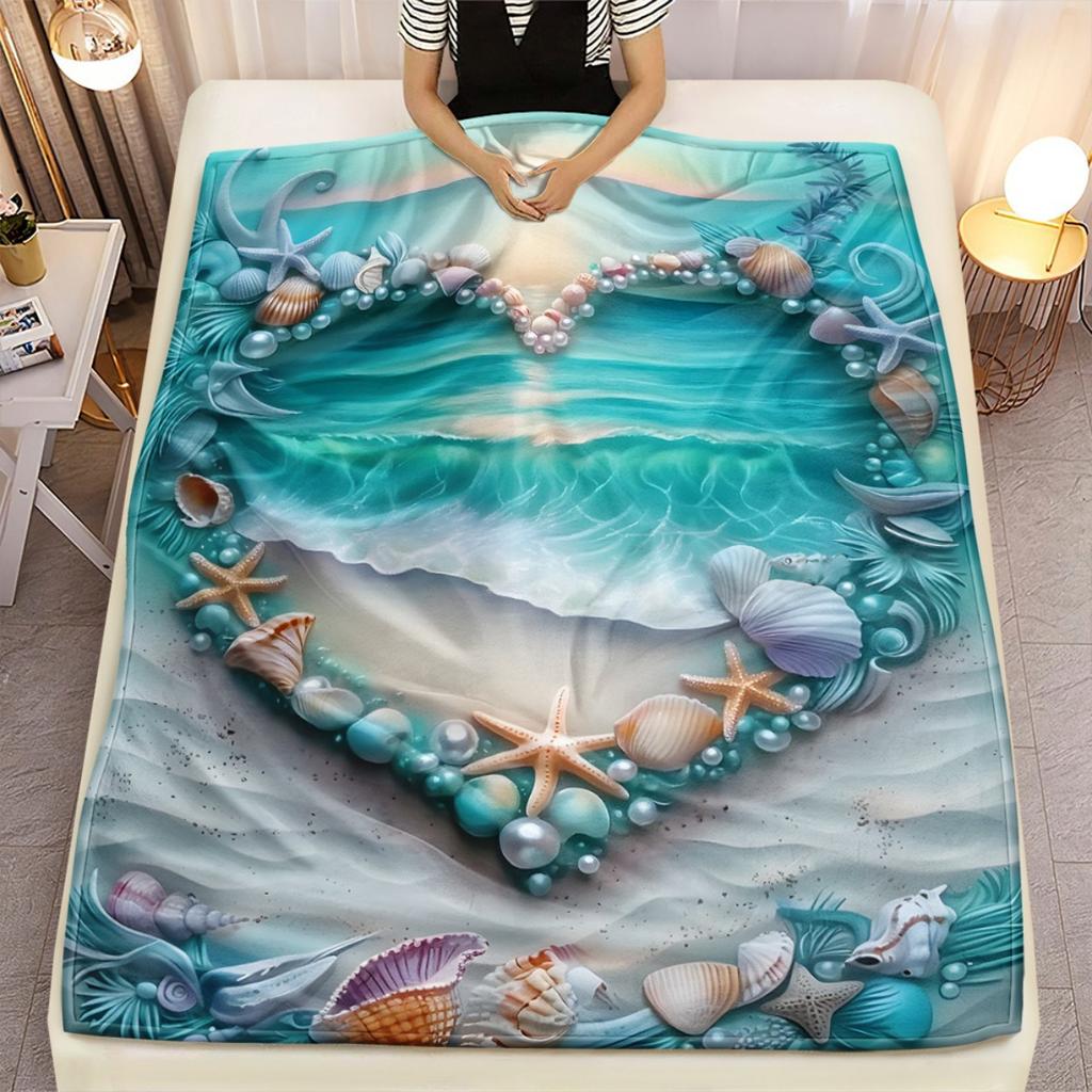 Heart Shape Beach Seashell and Pearl Print Decorative Throw Blanket for Sofa, Bed, Home Decor, Office, and Travel