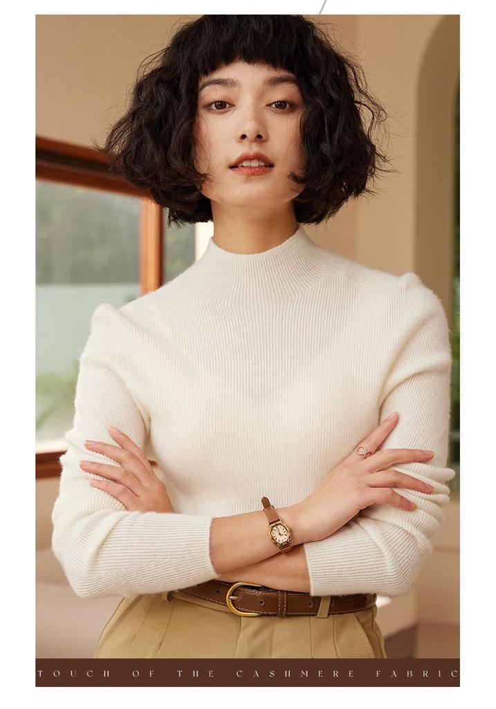 Premium Autumn/Winter Cashmere Knit Top: Soft, Smooth, Half-High Collar Sweater