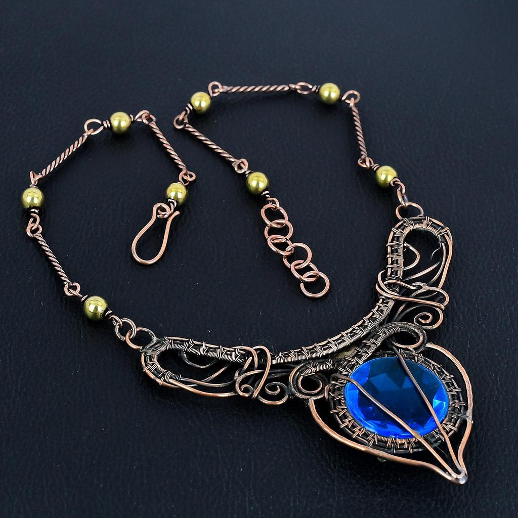 Blue Topaz Necklace, 999 Copper Wire Wrapped Jewelry, Gemstone Necklace Whit Adjustable Chain Gift For Her, Handmade Dainty Jewelry