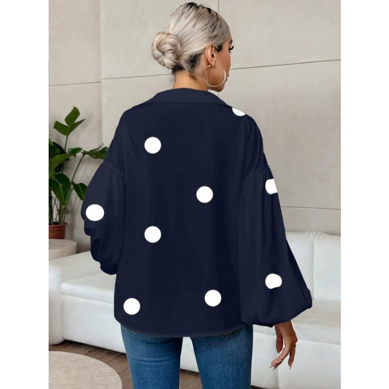 Elegante Blusa da Donna a Pois Larga con Scollo Semiaperto Top Casual a Maniche Lunghe Scollo a V Primavera Autunno Stampata Dolci Camicie Semplici da Ufficio per Signore