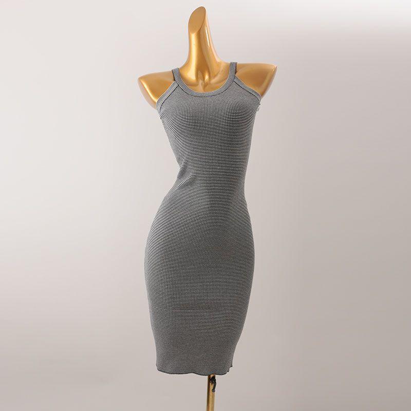 Fashion Style Halterneck Pinstripe Sheath Dress Narrow Shoulder Sleeveless Knitting Silm Slim-Fit Sleeveless Dress