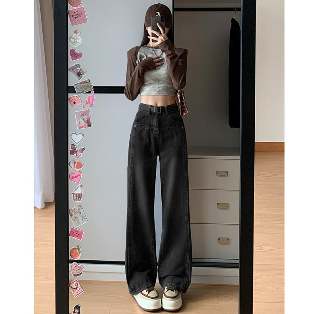 American Personalized Wide-leg Jeans for Women's Autumn and Winter New High-waisted Straight Tube Loose and Drape Floor-mopping Jeans Tide