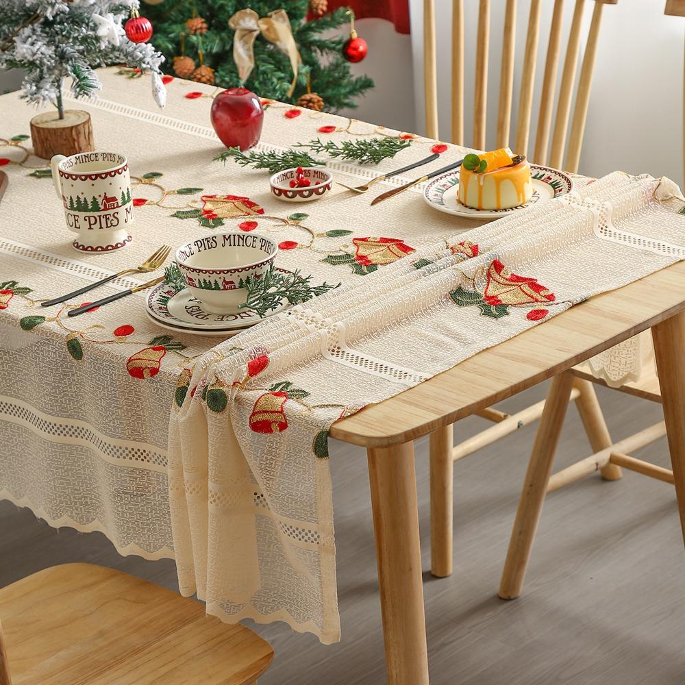 

Flower Embroidery Table Cover Beige Table Runner Xmas Christmas Lace Tablecloth Table Decorations 140*100CM-Style 1