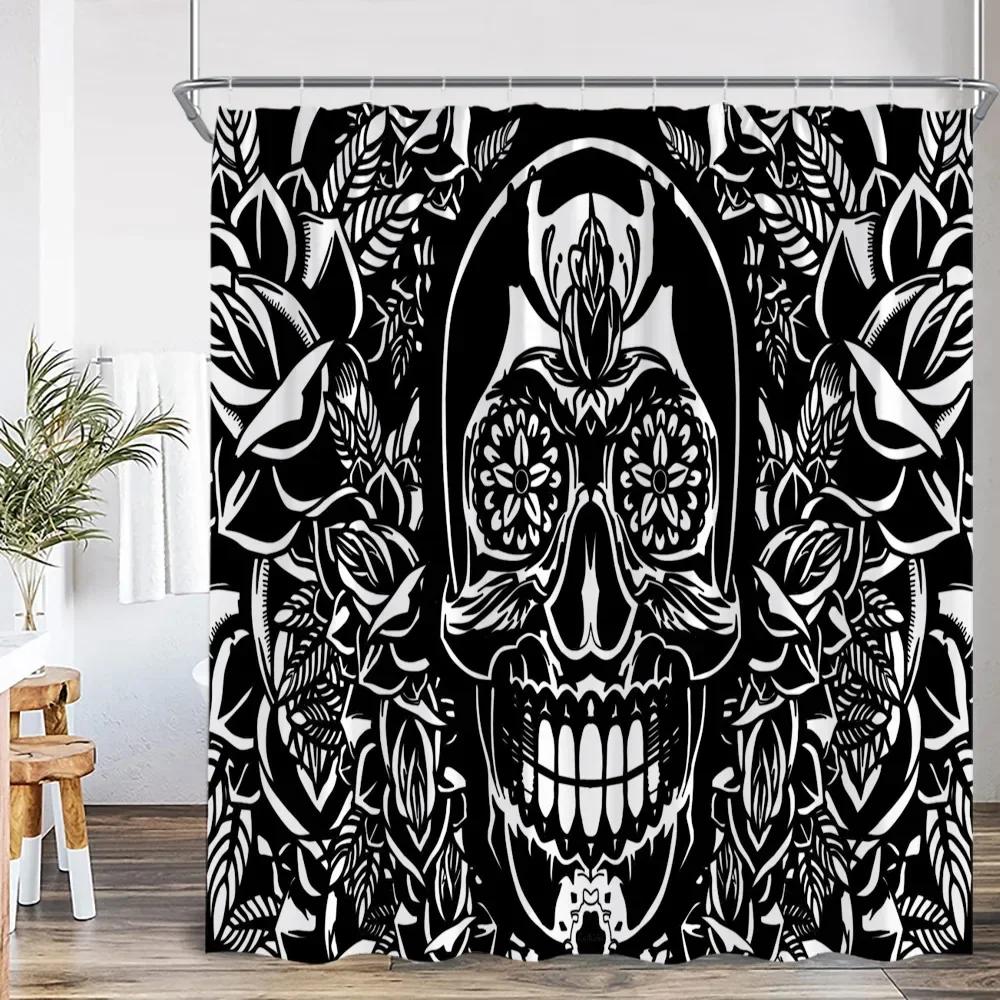 Happy Skull Shower Curtain Halloween Night Party Skull Bathroom Decoration Vintage Polyester Fabric Shower Curtain