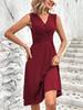 Robe midi unie à col en V et plis croisés, Robe longue sans manches pour femme
