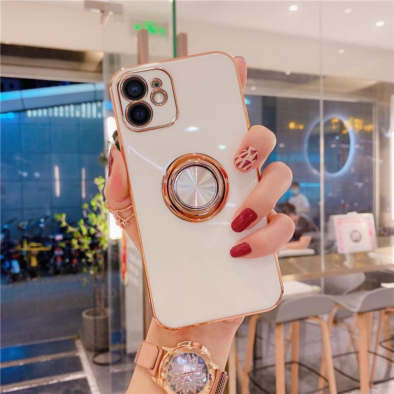 Luxury Ring Holder Case For iPhone 11 7 8 Plus Gold Plating Metal Stand Phone Cover For iPhone 12 Pro Max XS XR SE 2020 Silicone