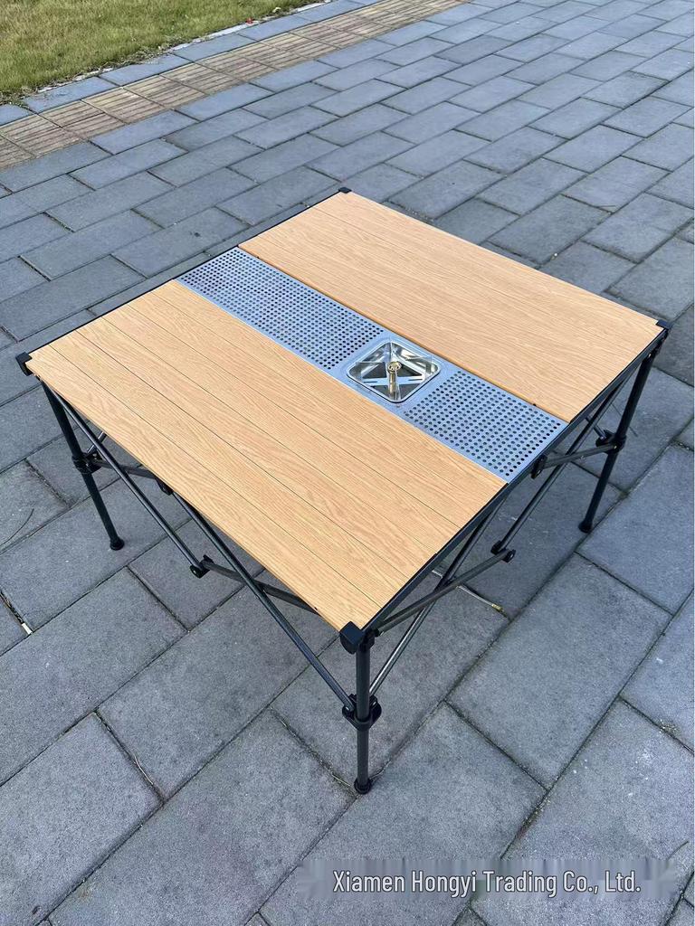 Hongyi Bamboo Pattern Aluminum Folding Table – Outdoor, Adjustable Height for Tea, BBQ, Card Games, Mahjong, Dining.