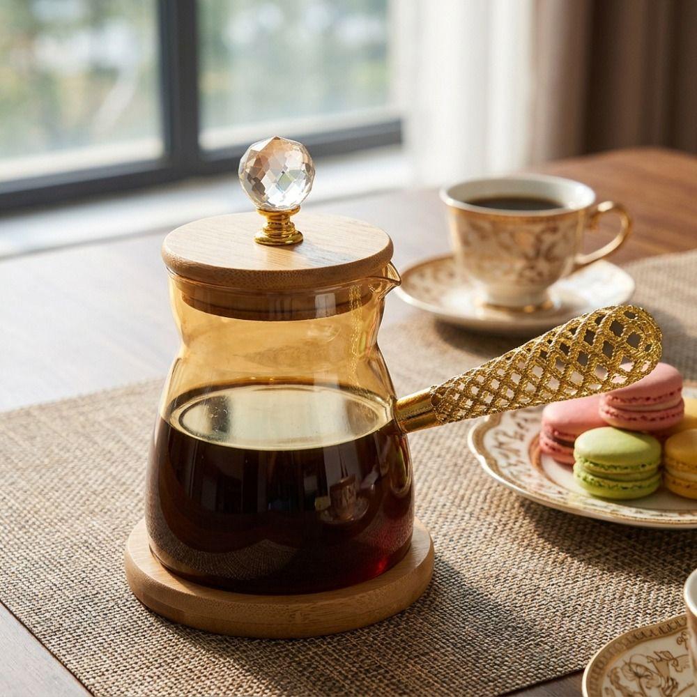 Luxury Heat-resistant Turkish Coffee Pot Hollowed Handle 350 ML Pour Over Coffee Pot with Base Transparent Teapot Afternoon Tea