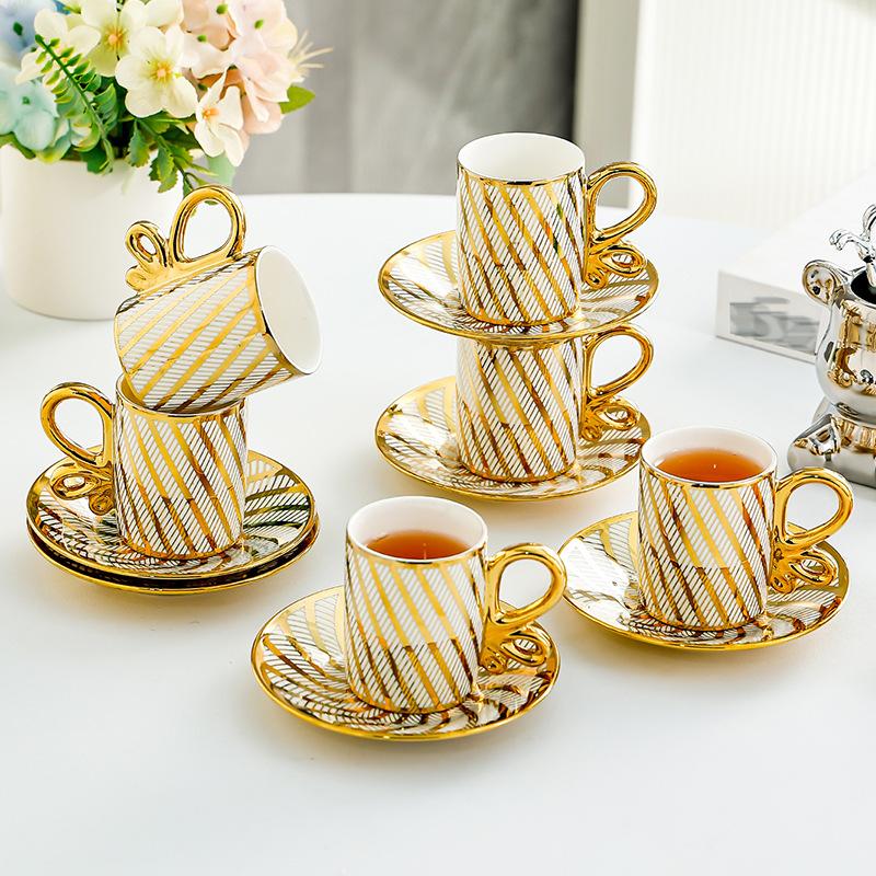 

6Pcs an Style Light Luxury Ceramic Coffee Cups with Dish Gold Edged Office Mug Afternoon Tea Cup Set Household Drinkware 50ml