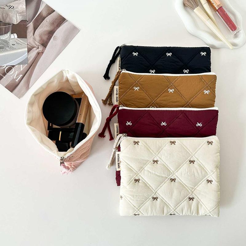 Quilted Design Cosmetic Bag Embroidered Bow Large Capacity Stationery Bag Multifunctional Pen Bag