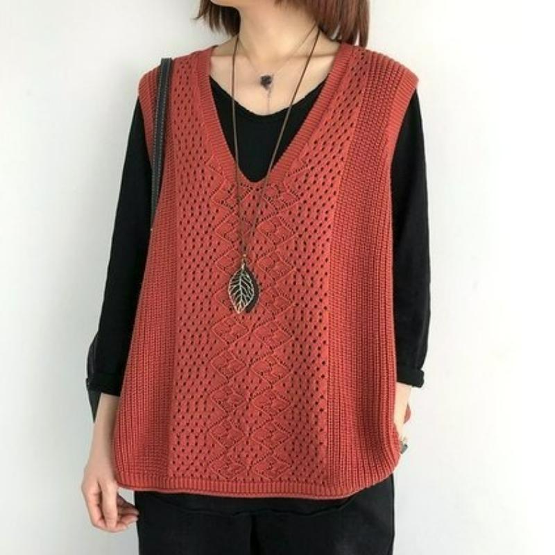 Knitted Vest Women's Vest Thin Loose Large Size Hollow Sleeveless Outer V-neck Waistcoat Retro Pullover Vest Women