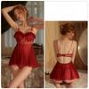 Damen Sexy Netz-Nachthemd mit Polsterung Bügel Trägerhemd Spitze Durchsichtiges Kleid und Tanga Set