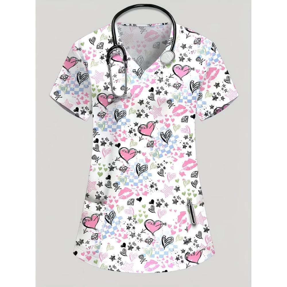 Nursing Uniform Woman Comfortable Dentist Vet V-Neck Short Sleeve Women Scrub Fashion Heart Pattern Print Clinical Uniform Woman