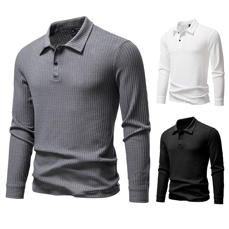 Men's Long Sleeve Polo Shirt Casual Textured Top for Men Spring Autumn Fashion Multi-Color Button-Down Collar Male Blouse